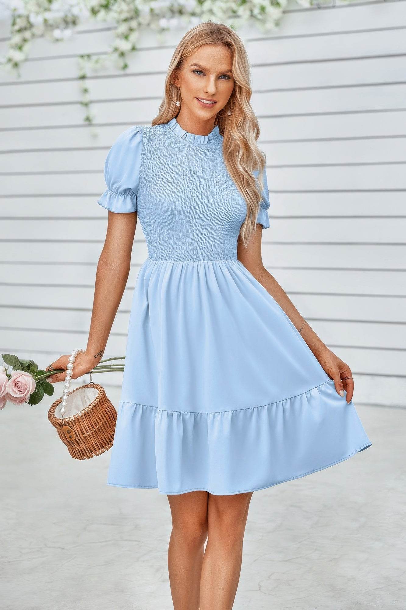 Solid Puff Sleeve Shirred Detail Ruffle Hem Dress - LLR Chic