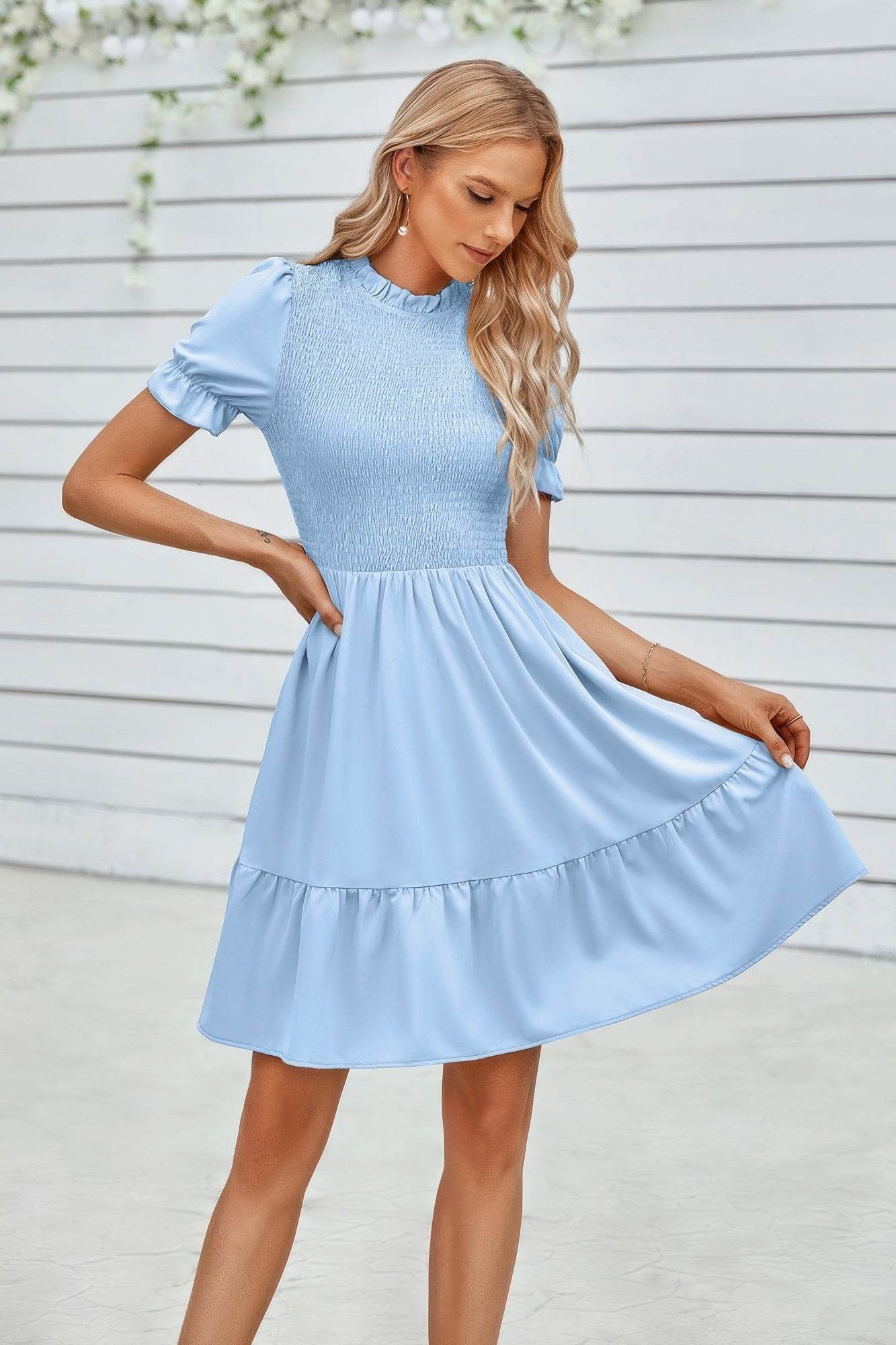 Solid Puff Sleeve Shirred Detail Ruffle Hem Dress - LLR Chic