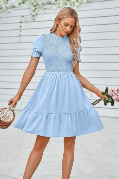 Solid Puff Sleeve Shirred Detail Ruffle Hem Dress - LLR Chic