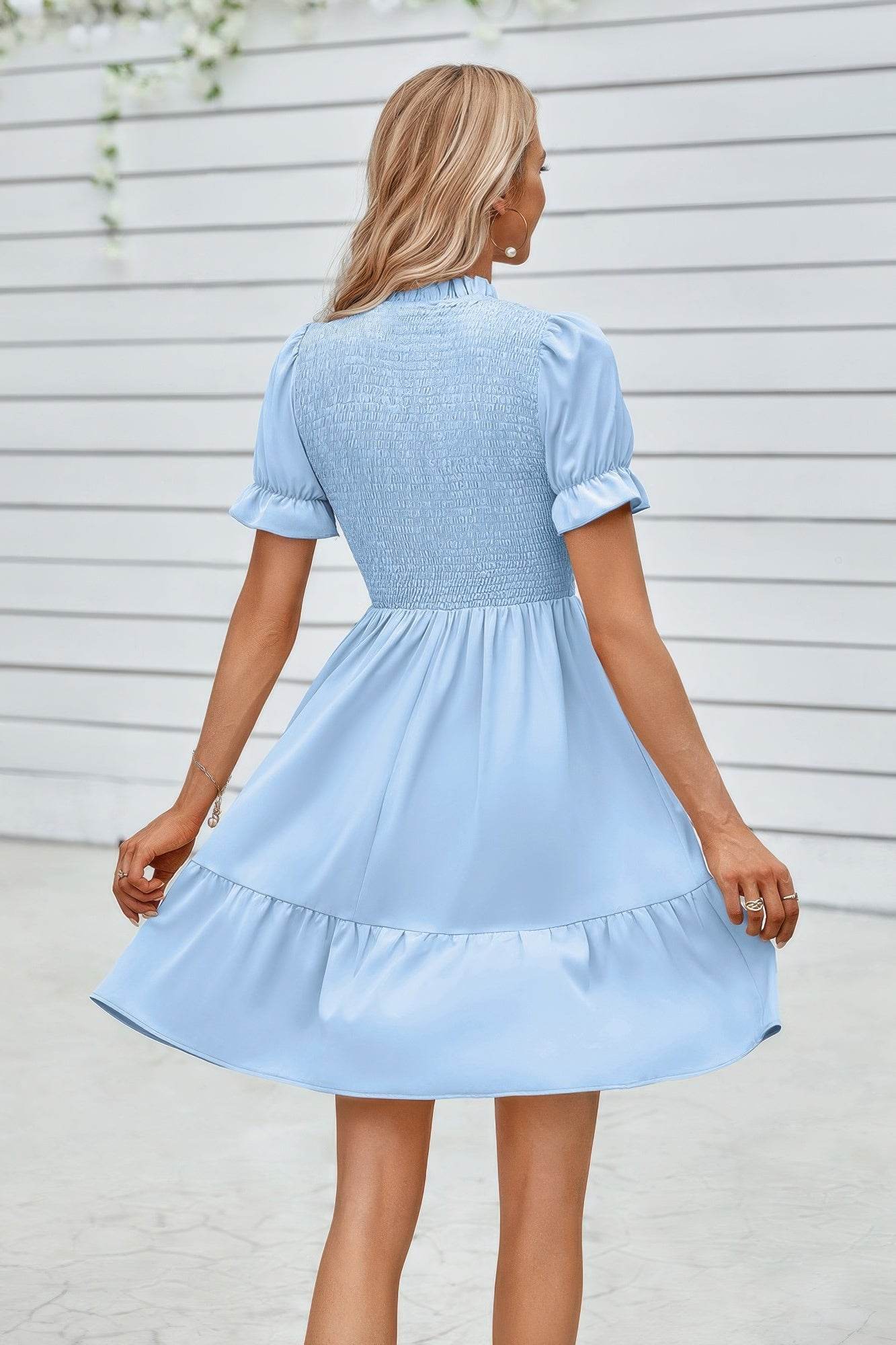 Solid Puff Sleeve Shirred Detail Ruffle Hem Dress - LLR Chic