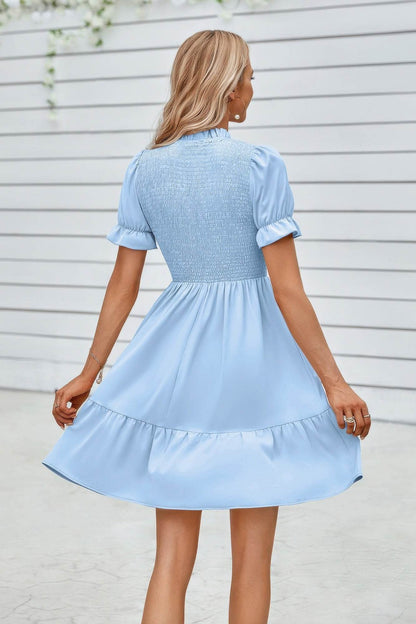 Solid Puff Sleeve Shirred Detail Ruffle Hem Dress - LLR Chic