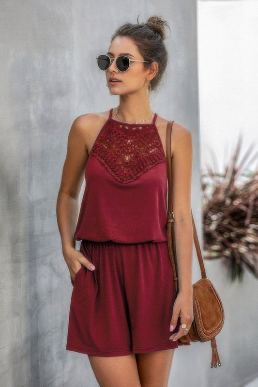 Solid Halter Lace Sleeveless Patchwork Romper - LLR Chic