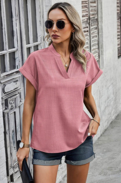 V Neck Solid Short Bat Sleeve Loose Fit Blouse - LLR Chic