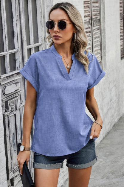 V Neck Solid Short Bat Sleeve Loose Fit Blouse - LLR Chic
