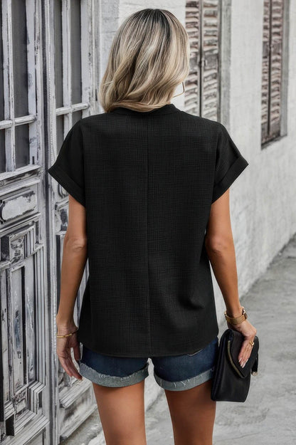 V Neck Solid Short Bat Sleeve Loose Fit Blouse - LLR Chic