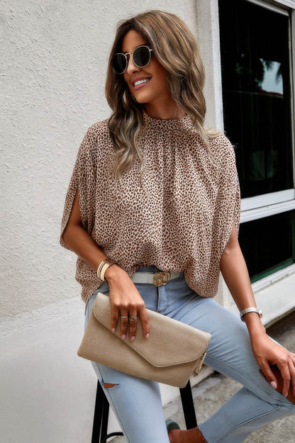 Mock Neck Bating Sleeve Solid Loose Blouse - LLR Chic
