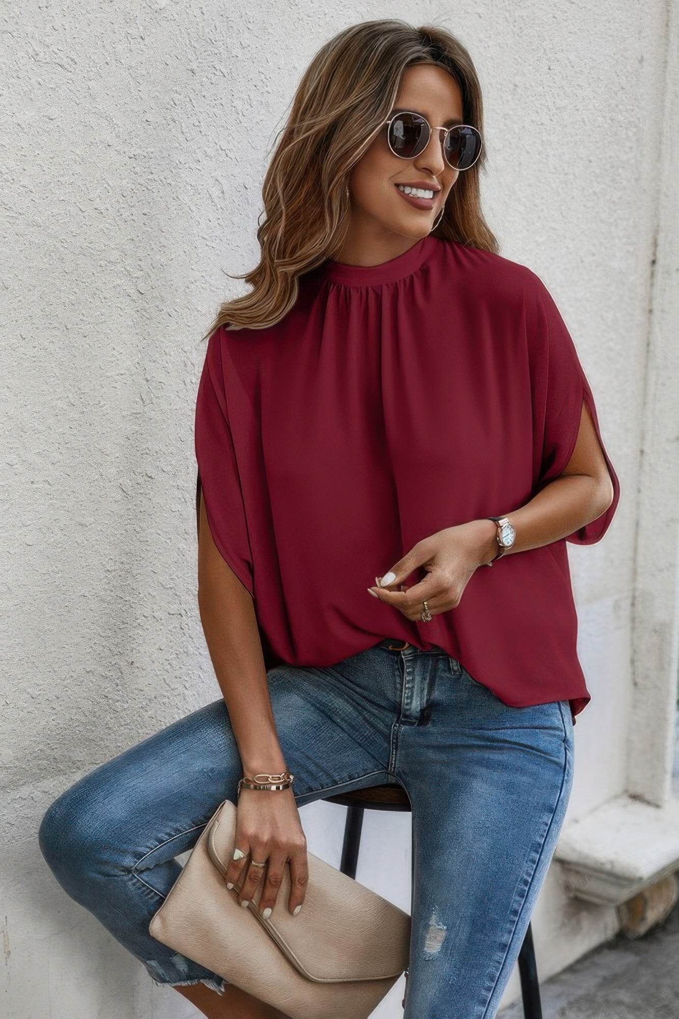 Mock Neck Bating Sleeve Solid Loose Blouse - LLR Chic