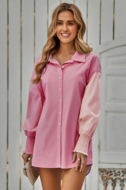Color Block Button Down Cuffed Sleeves Blouse - LLR Chic