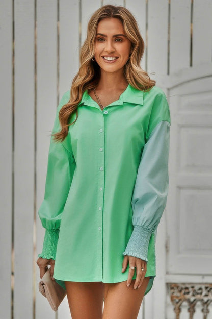 Color Block Button Down Cuffed Sleeves Blouse - LLR Chic
