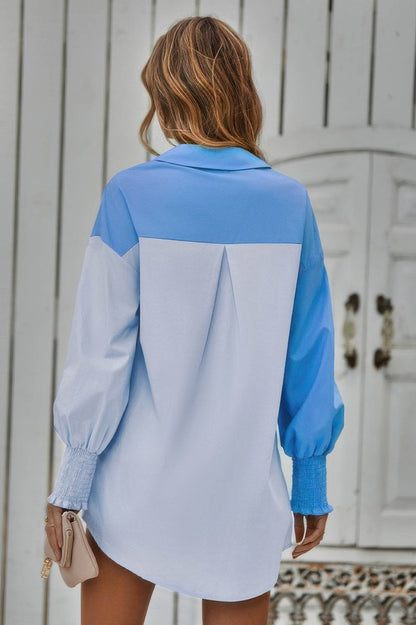 Color Block Button Down Cuffed Sleeves Blouse - LLR Chic