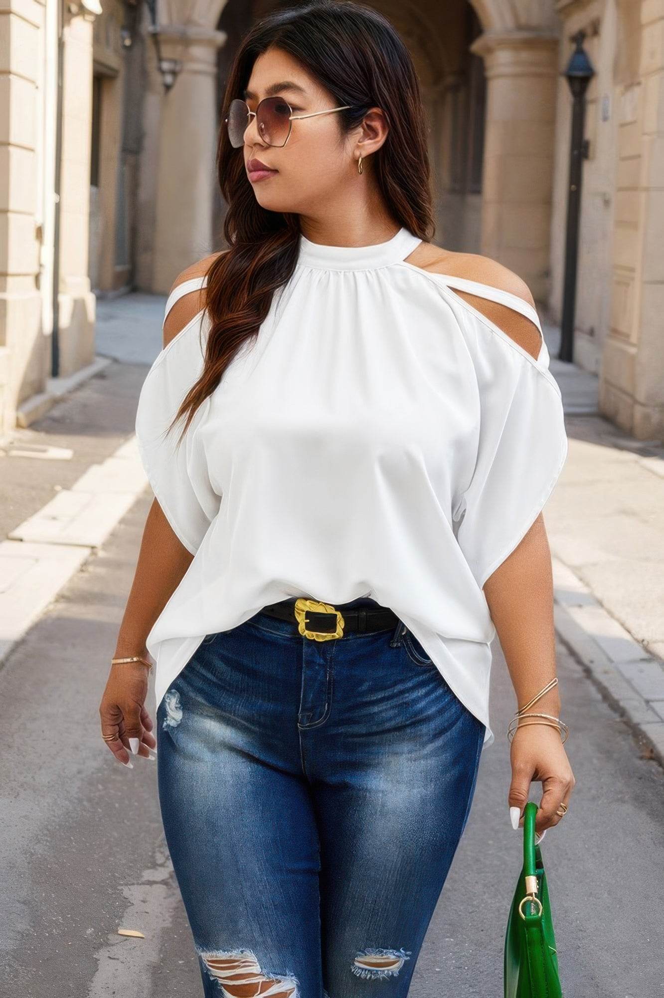 Plus Halter Open Shoulder Bat Sleeves Loose Top - LLR Chic