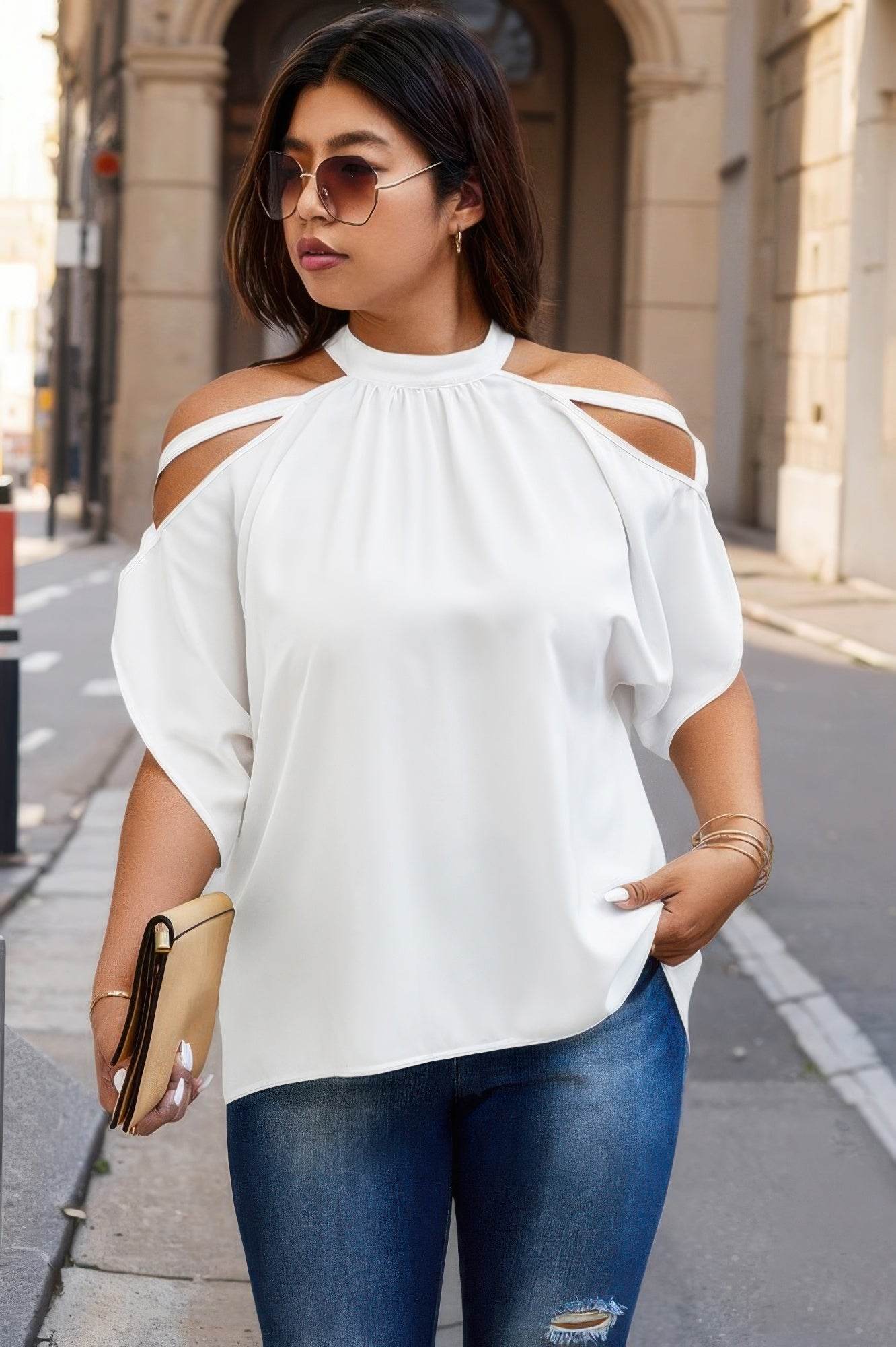 Plus Halter Open Shoulder Bat Sleeves Loose Top - LLR Chic