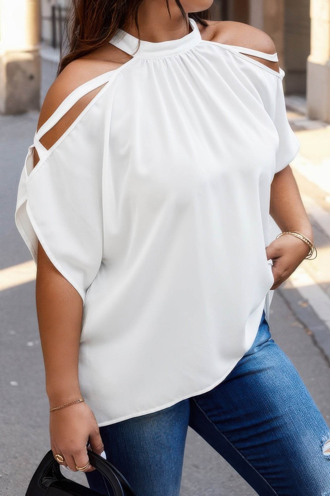 Plus Halter Open Shoulder Bat Sleeves Loose Top - LLR Chic