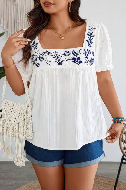 Plus Square Neck Floral Print Pleased Puff Blouse - LLR Chic