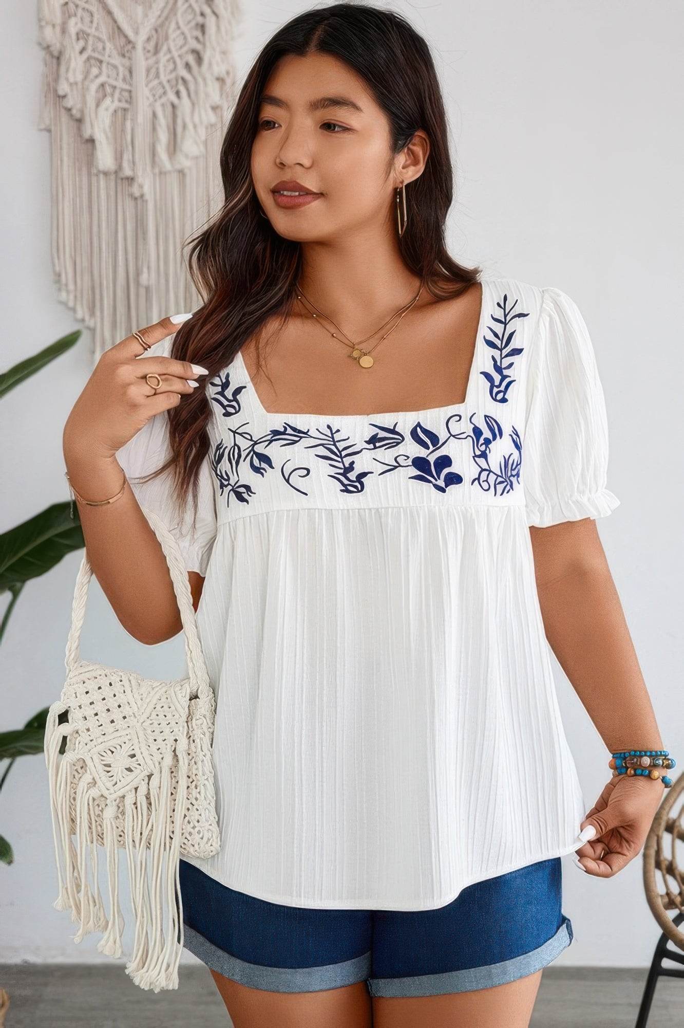 Plus Square Neck Floral Print Pleased Puff Blouse - LLR Chic