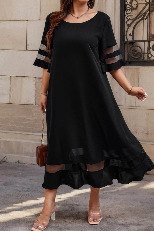 Plus Size Mesh Splicing Round Neck Long Dress - LLR Chic