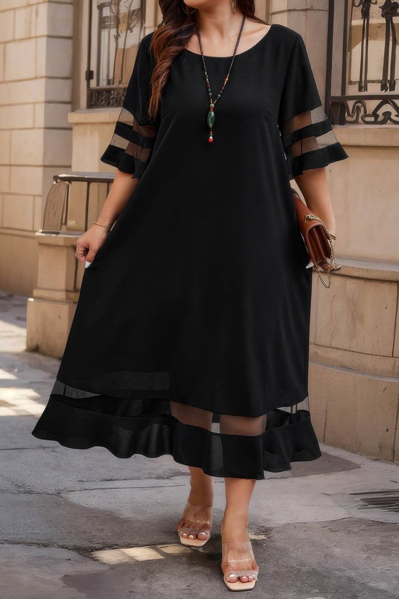 Plus Size Mesh Splicing Round Neck Long Dress - LLR Chic