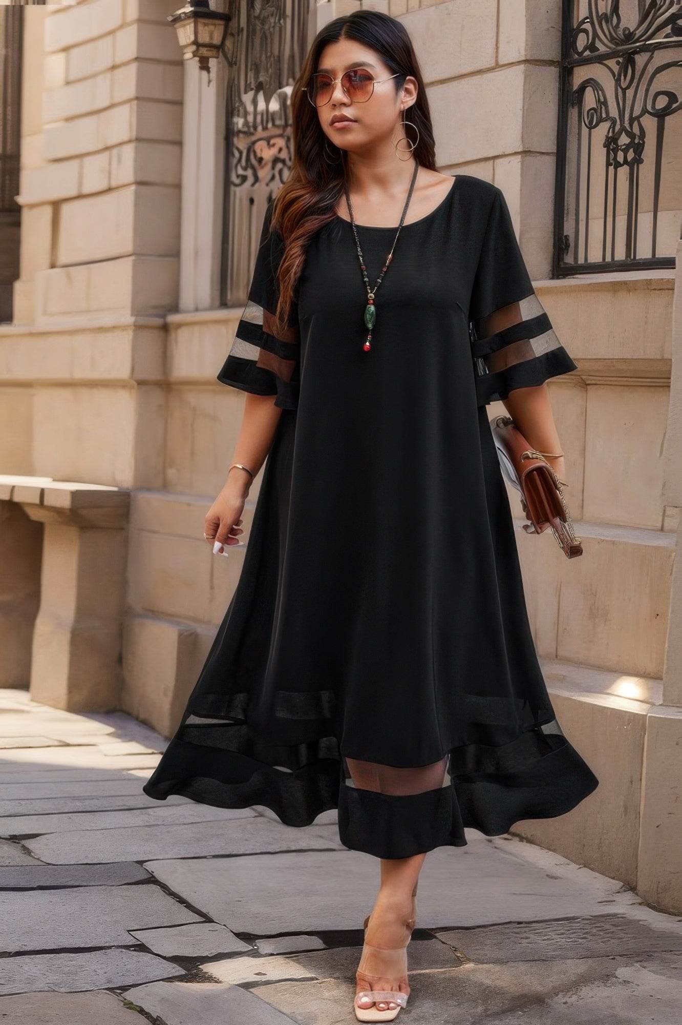 Plus Size Mesh Splicing Round Neck Long Dress - LLR Chic