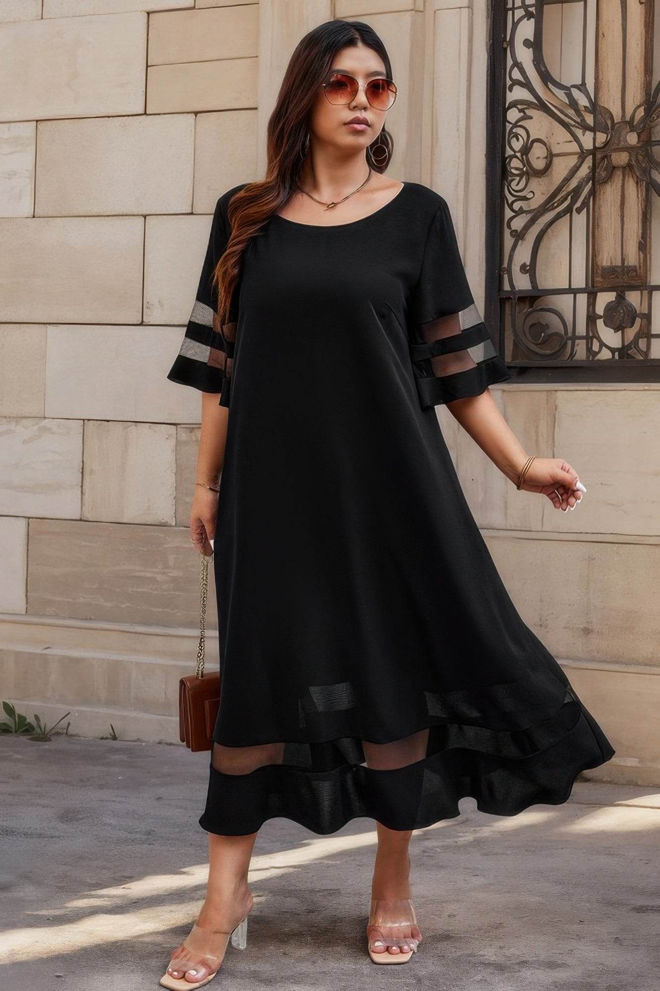 Plus Size Mesh Splicing Round Neck Long Dress - LLR Chic