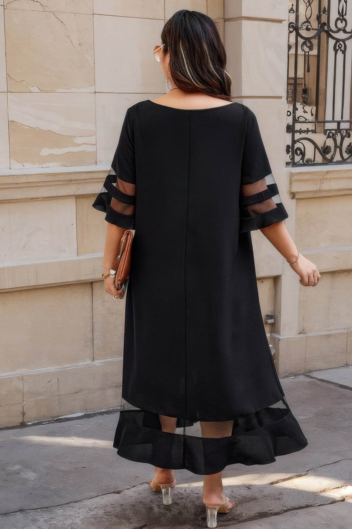 Plus Size Mesh Splicing Round Neck Long Dress - LLR Chic