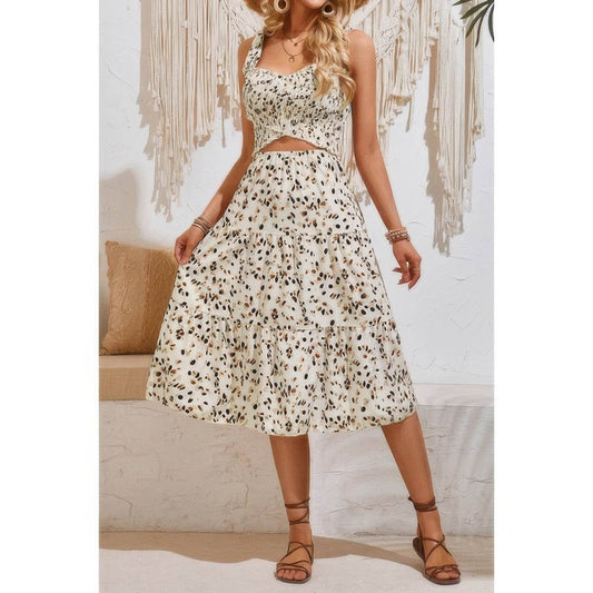 Square Neck Leopard Cut Out Elastic Waist Dress - LLR Chic