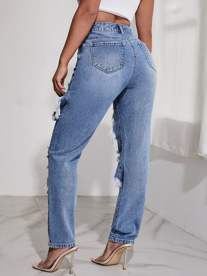 High Waist Light Washed Ripped Straight Jeans