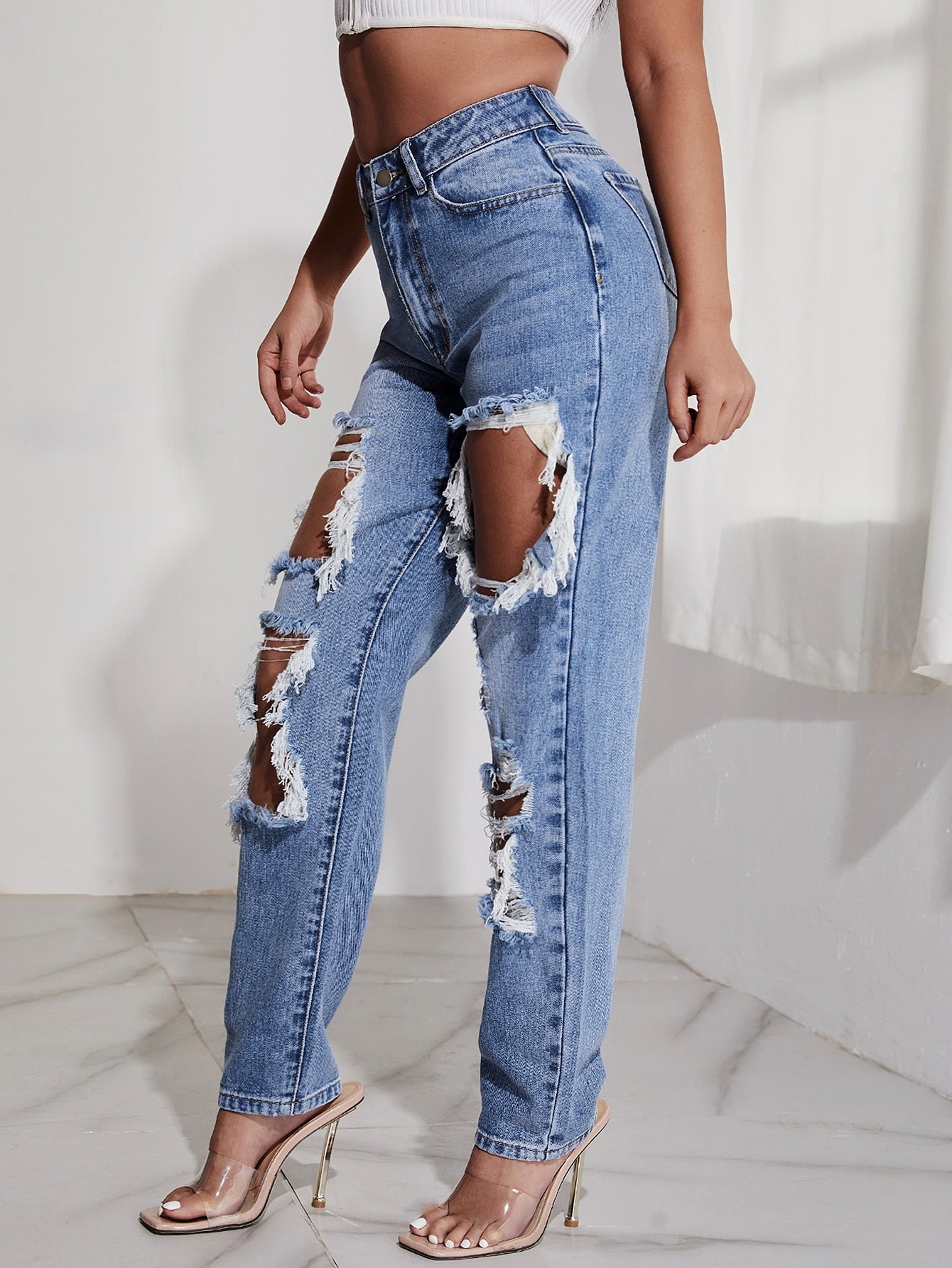 High Waist Light Washed Ripped Straight Jeans