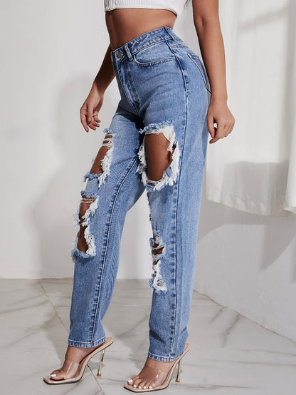 High Waist Light Washed Ripped Straight Jeans