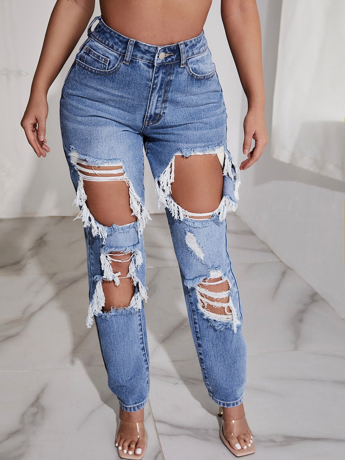 High Waist Light Washed Ripped Straight Jeans