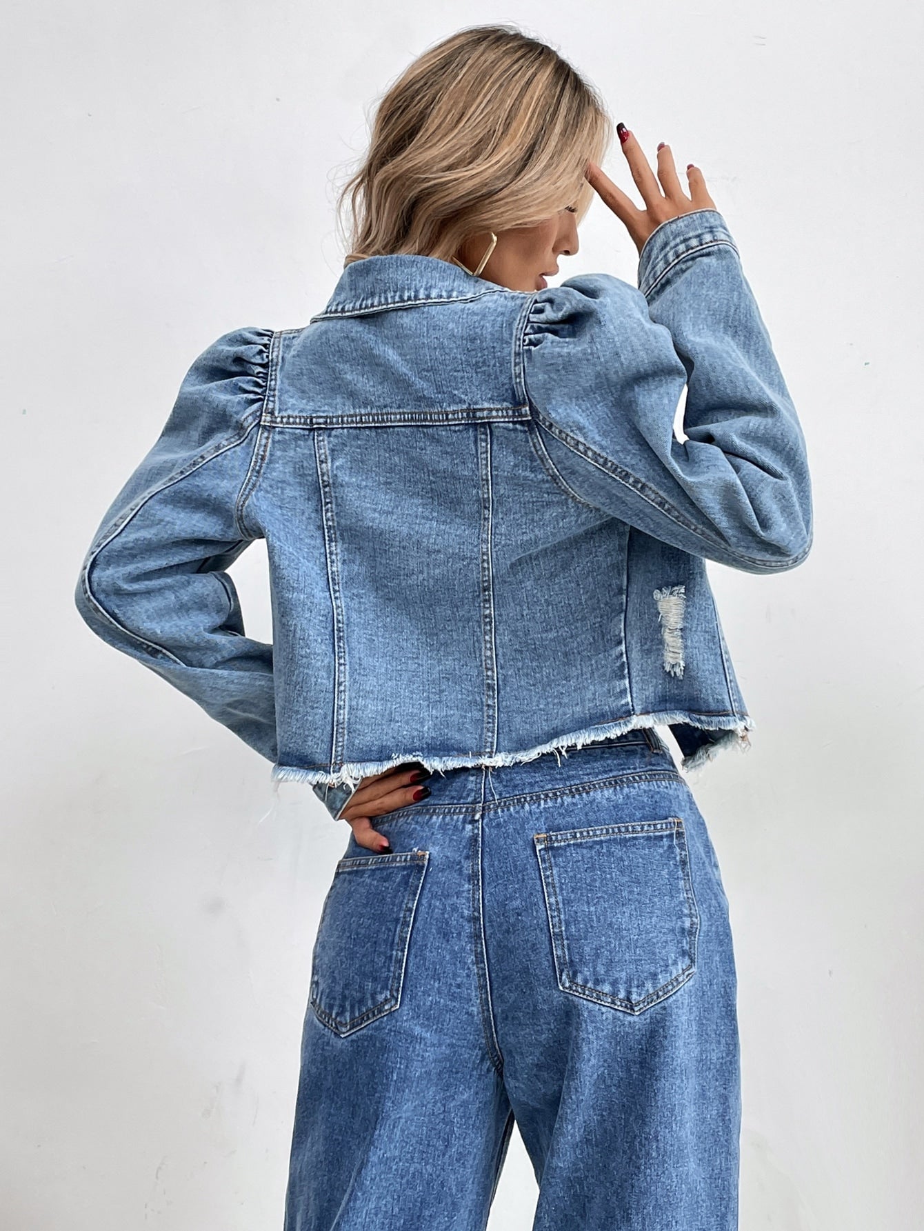 Puff Sleeve Flap Pocket Button Up Denim Jacket