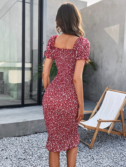 Floral Puff Sleeve Shirred Bodycon Dress