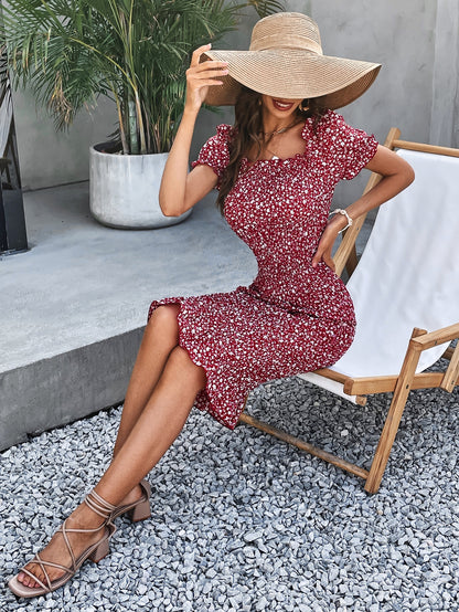 Floral Puff Sleeve Shirred Bodycon Dress