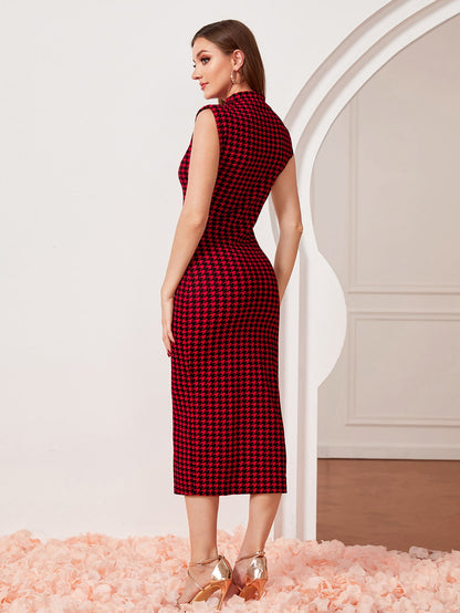 Modely Houndstooth Shoulder Pads Mock Neck Bodycon Dress