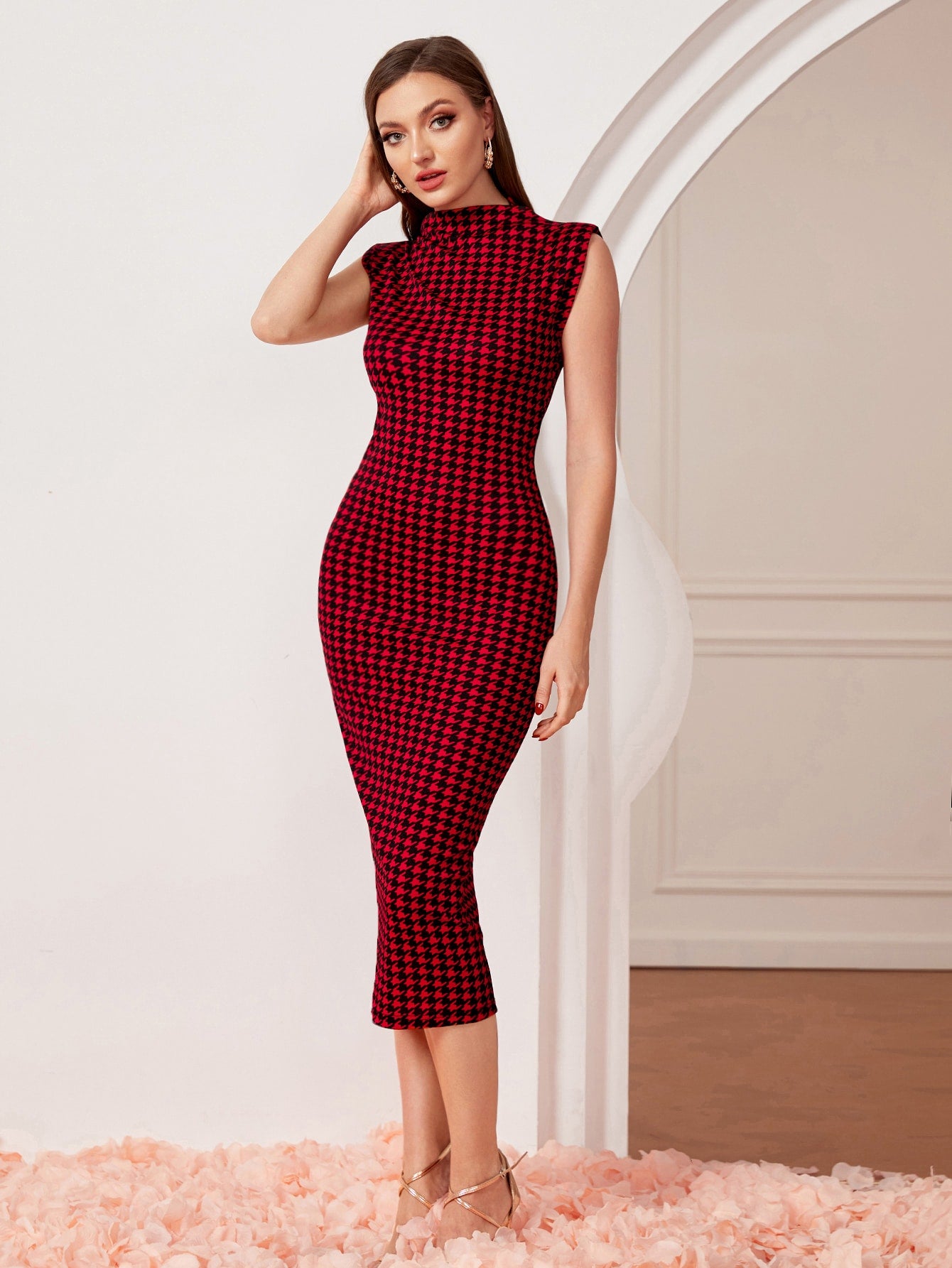 Modely Houndstooth Shoulder Pads Mock Neck Bodycon Dress