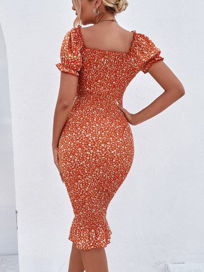 Floral Puff Sleeve Shirred Bodycon Dress