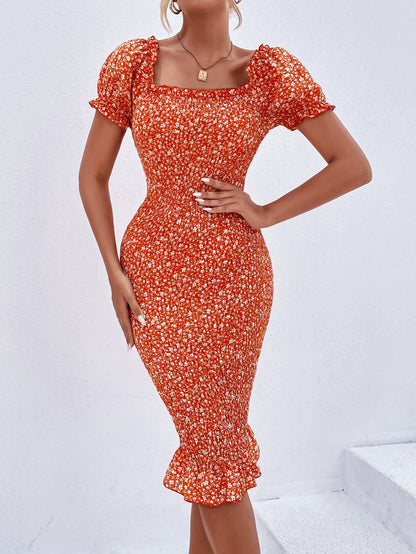 Floral Puff Sleeve Shirred Bodycon Dress