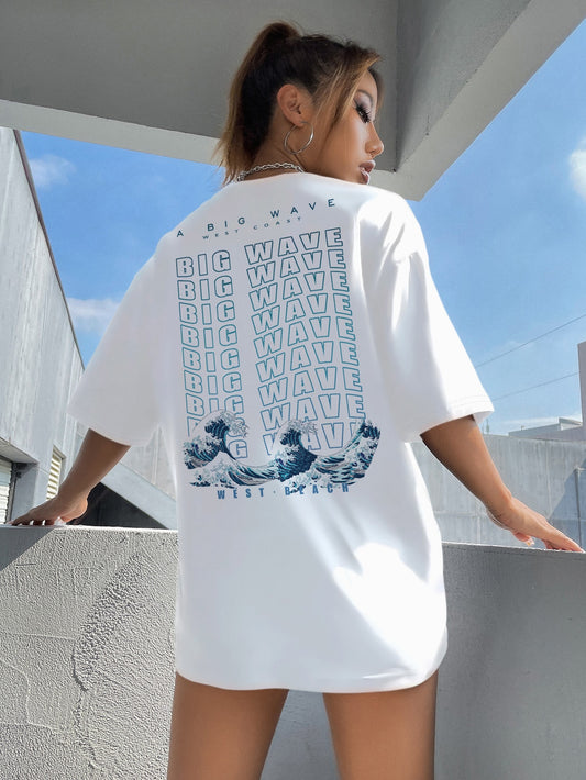 Ocean Wave Slogan Graphic Drop Shoulder Tee