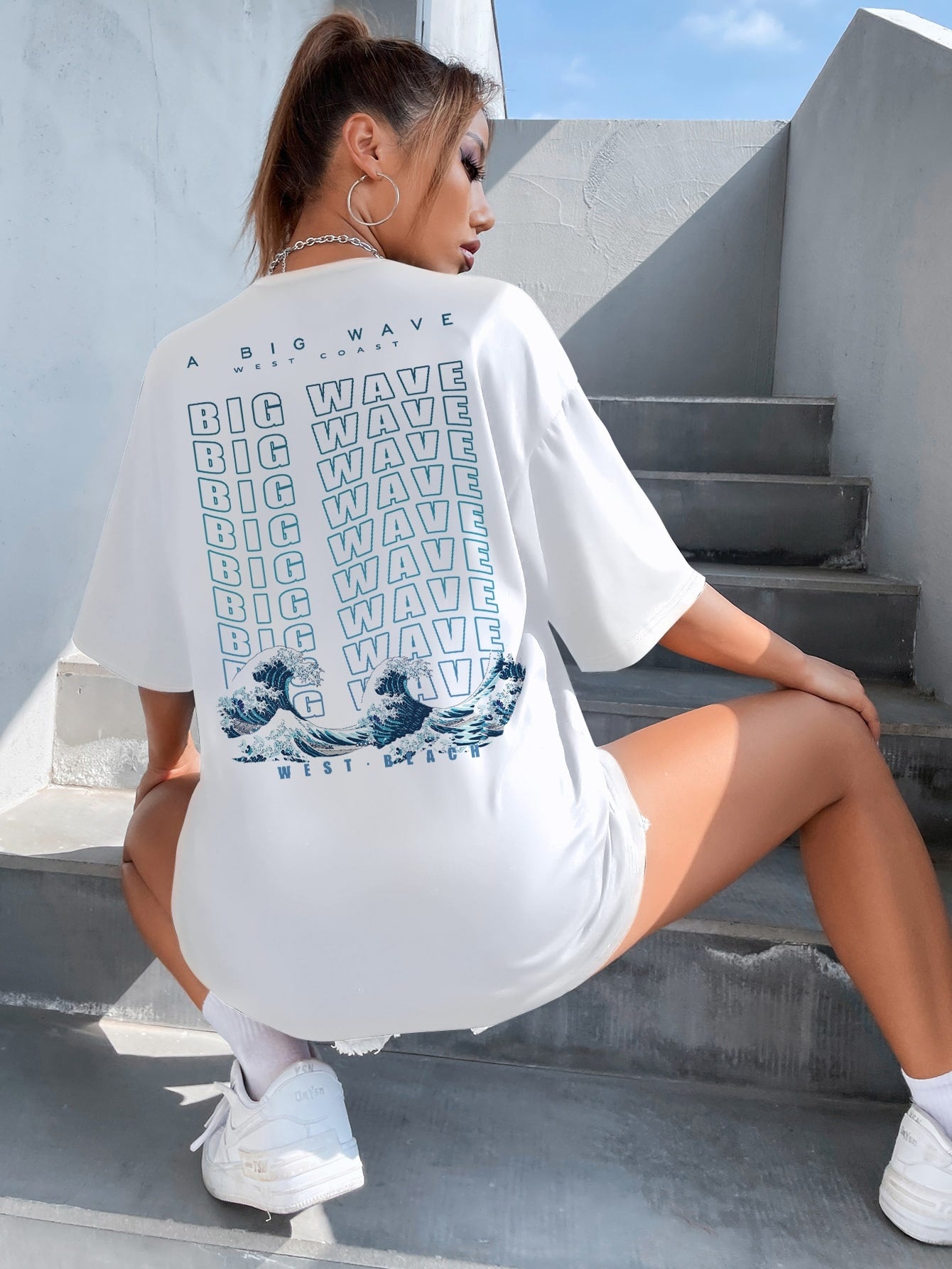 Ocean Wave Slogan Graphic Drop Shoulder Tee