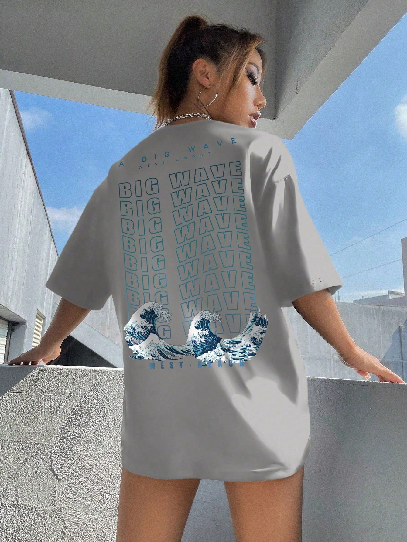 Ocean Wave Slogan Graphic Drop Shoulder Tee