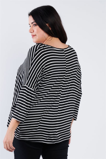 Plus Size Black White Stripe Scoop Neck Relaxed Fit "kiki Larue" Top