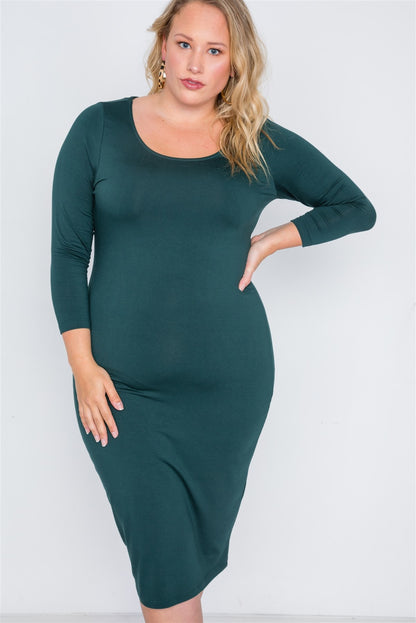 Plus Size Green Basic Long Sleeve Midi Dress