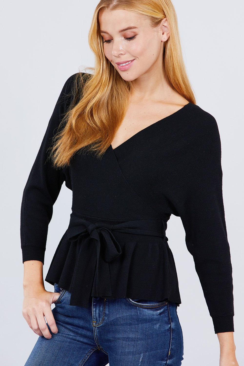 V-neck Wrapped Waist Band Sweater