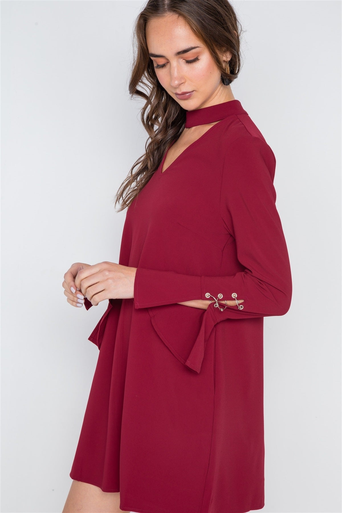 Long Sleeve V-cut Out Solid Mini Dress