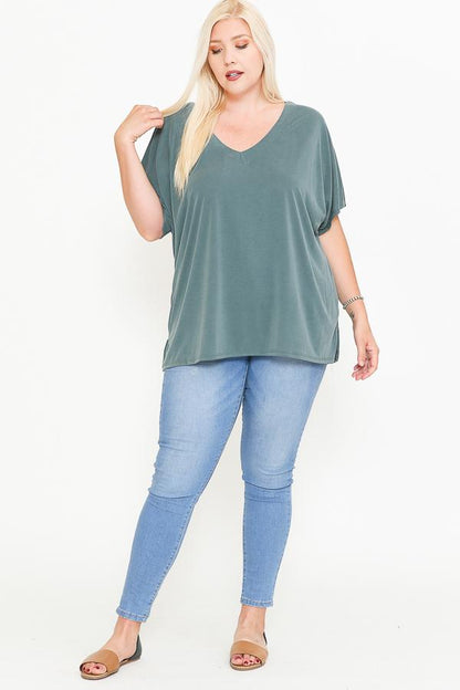 Side Slit With V-neck Dolman Short Sleeve Solid Blouse