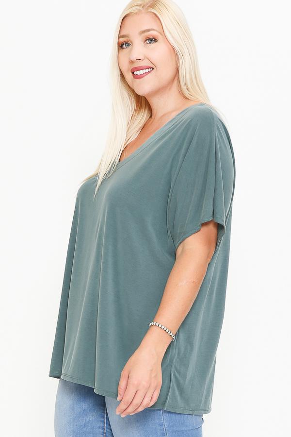 Side Slit With V-neck Dolman Short Sleeve Solid Blouse