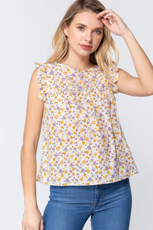 Ruffle Sleeveless Print Woven Top