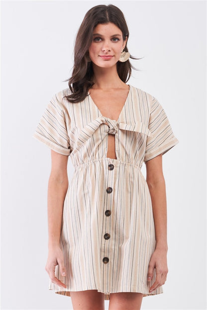 So 90's! Striped Self-tie Front Detail Short Sleeve Button Down Mini Shirt Dress