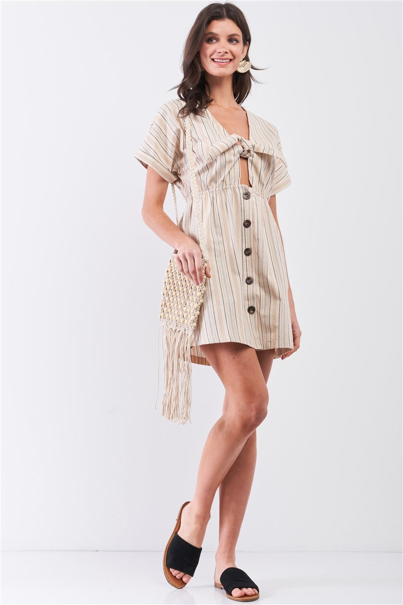 So 90's! Striped Self-tie Front Detail Short Sleeve Button Down Mini Shirt Dress