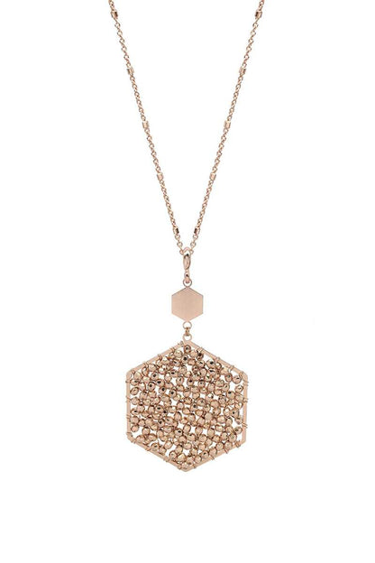 Fashion Glass Bead Hexagon Pendant Long Necklace