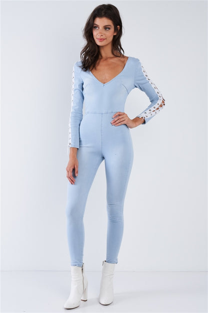 Light Blue Long Sleeved White Side Seam Lace Up V-neck Sexy Denim Jumpsuit